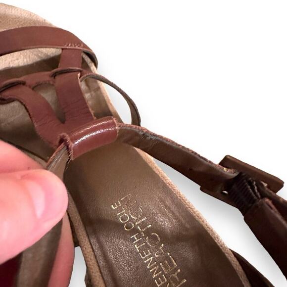 Kenneth Cole Reaction Cedar Brown Leather Strappy High Heel Wedges Sz 8.5 - Picture 10 of 13